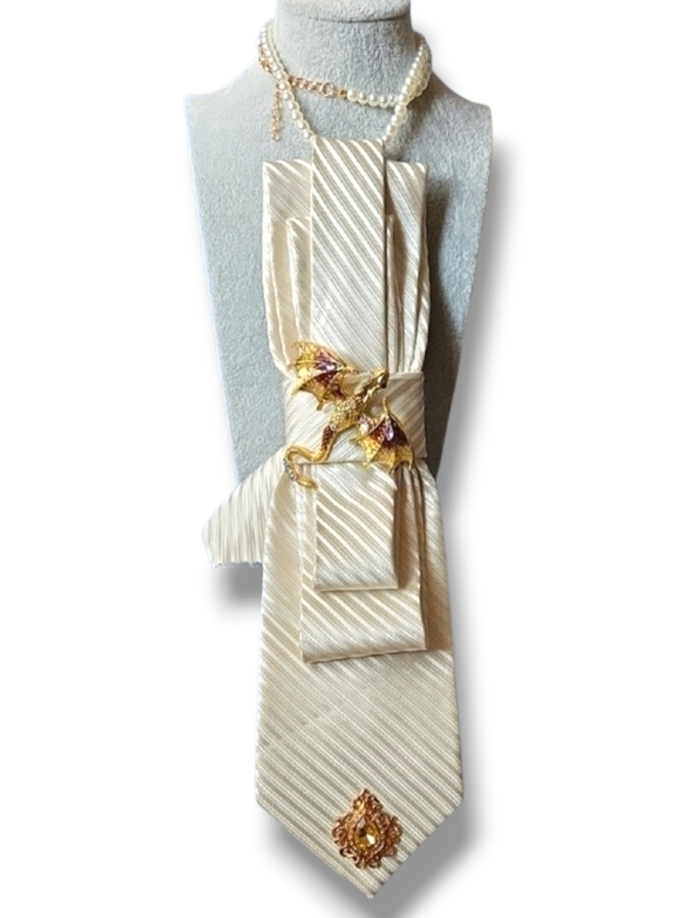 3/$60 Ivory Striped Silk Folded Cravat  with Gold-toned Dragon Accent
